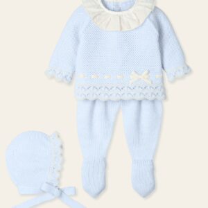 TRAJE 3P CANESÚ CUELLO PLUMETI Y CINTA TERCIOPELO "COBIJAR" ,Celeste
