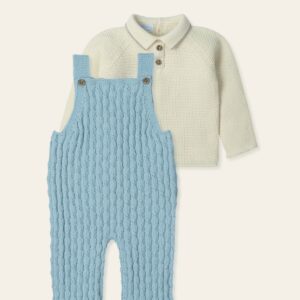 Traje 4P Canesú botones madera hojitas, culotte algodon, gorro pompom y patucos "MECER"