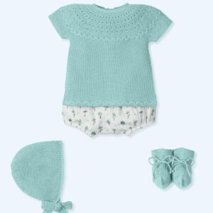 Traje 4p M/C, culotte estampado algodon, capota y patucos hilo