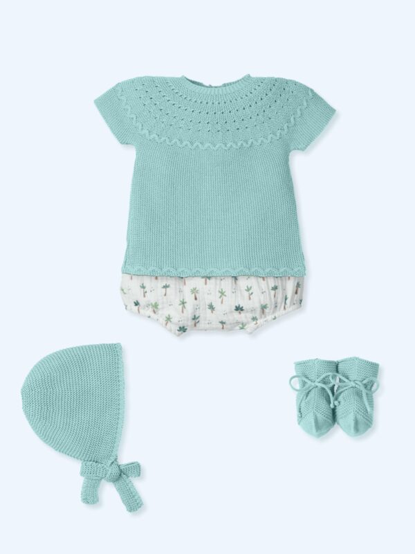 Traje 4p M/C, culotte estampado algodon, capota y patucos hilo
