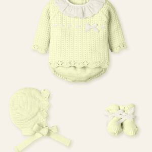 Traje 4P Canesú, culotte punto, capota y patucos pasacintas terciopelo "FLEUR VINTAGE"