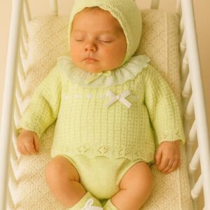 Traje 4P Canesú, culotte punto, capota y patucos pasacintas terciopelo "FLEUR VINTAGE"