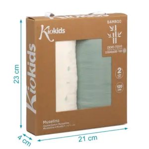 Set 2 muselinas salvia, blanco y estampado 120x120cm