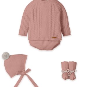 Traje 4P Corto menguado, Culotte punto, gorro y patucos "NATURAL TRENZ"